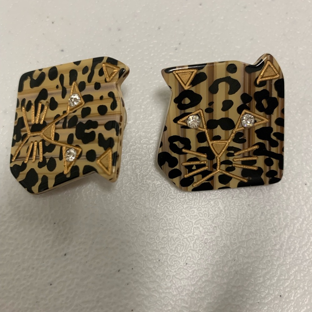 Leopard Print Cat Earrings with Rhinestones